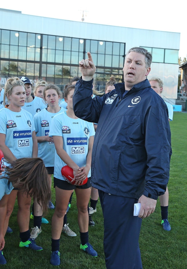 AFL 2016 Training - Carlton Womens Training 231116 MELBOURNE, AUSTRALIA - NOVEMBER 23: Damien Keeping, Blues Women's coach speaks to his players during the Carlton Blues Womens open training session at Ikon Park on November 23, 2016 in Melbourne, Australia. (Photo by Scott Barbour/AFL Media)